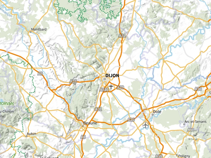 Carte de Dijon et des alentours : Beaune au sud-ouest, Dole au sud-est et le secteur environnant.